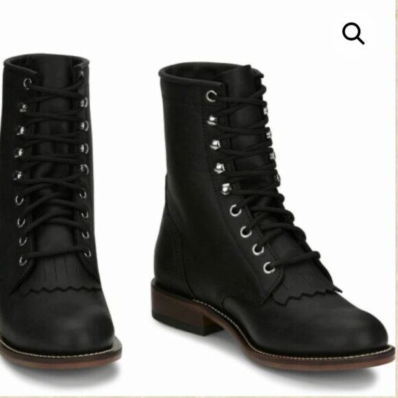 Justin SZ 8 Mckean 7" Black Leather Lace-Up Roper Boot Cottage Western Prairie - Picture 2 of 15